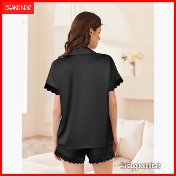 Lace Satin Pajama Set with Button Down Top and Pockets - Picture 3 of 7